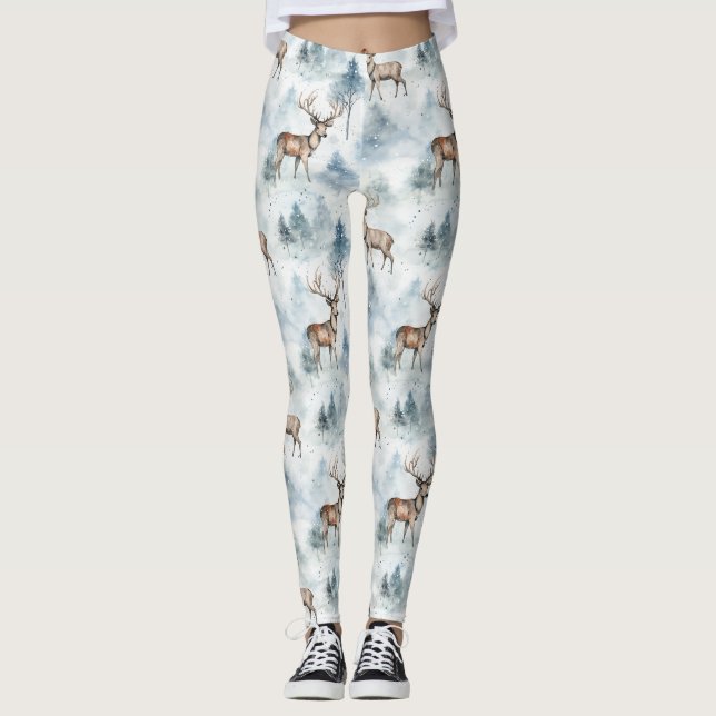 Leggings Cerfs de la forêt aquarelle d'hiver (5) (Devant)