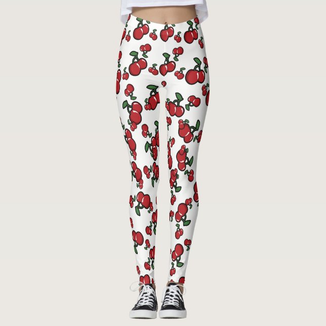 Leggings Cerises Rouges & Fruit Mignon Blanc (Toute Couleur (Devant)