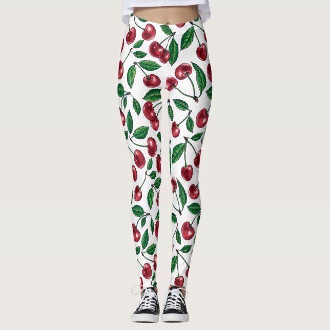 Leggings Cerises rouges sur blanc (Devant)