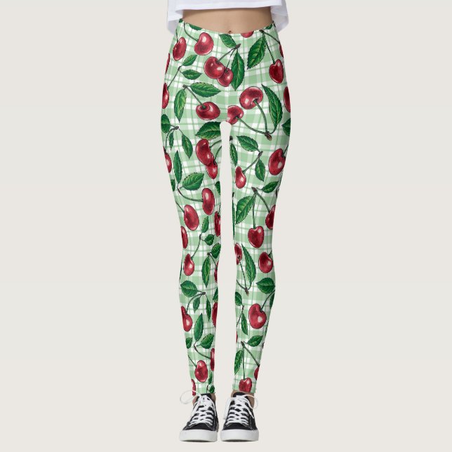 Leggings Cerises rouges sur en vichy vert clair (Devant)
