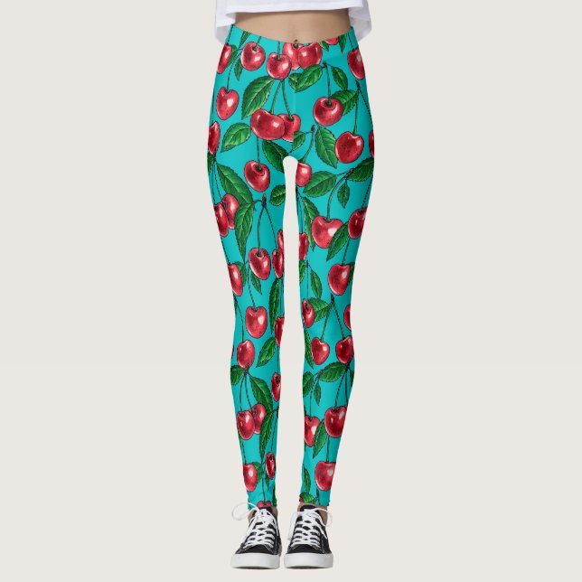 Leggings Cerises rouges sur turquoise (Devant)
