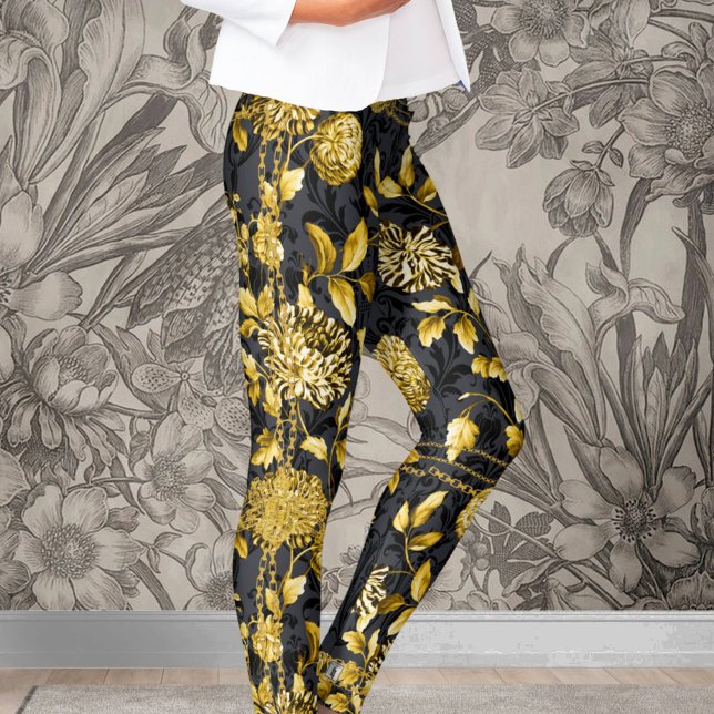Leggings Chaîne d'or Chaîne Florale Noir sur Damas Noir (Créateur téléchargé)
