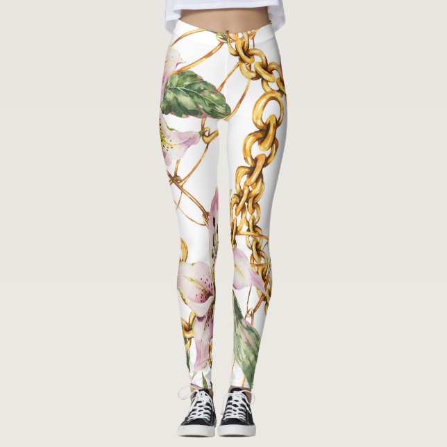 Leggings Chaînes d'or et Lys royaux : Elégance de l'aquarel (Devant)