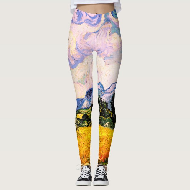 Leggings Champ de blé Vincent Van Gogh avec Cyprès (Devant)
