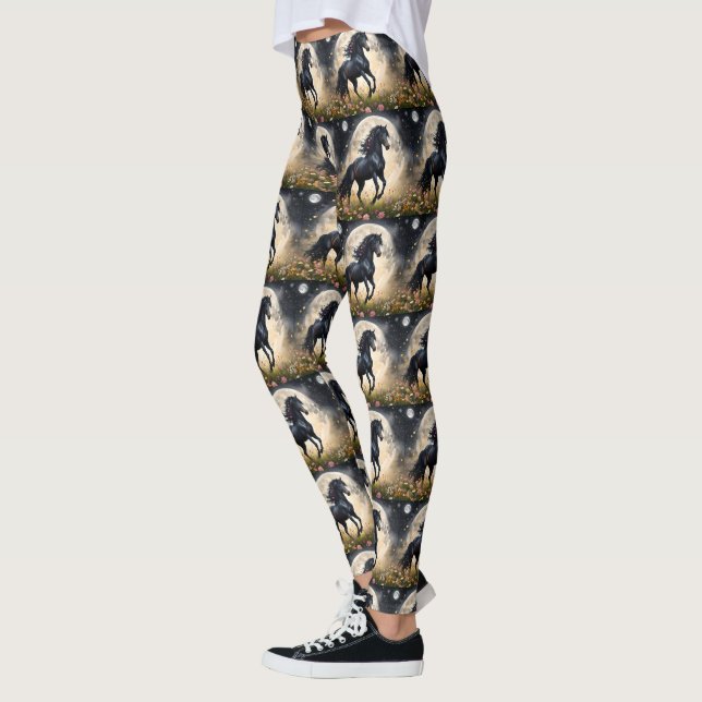 Leggings Champ de fleur de lune de cheval noir, (Gauche)