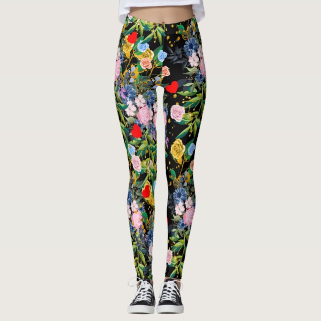 Leggings Champ noir rose souple| roses (Devant)