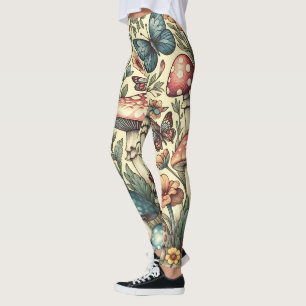 Leggings Champignons vintages, Fleurs, Papillons Whimsical