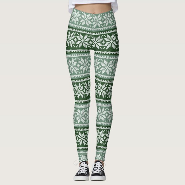 Leggings Chandail Festif et cosy Green/White Snowflake (Devant)