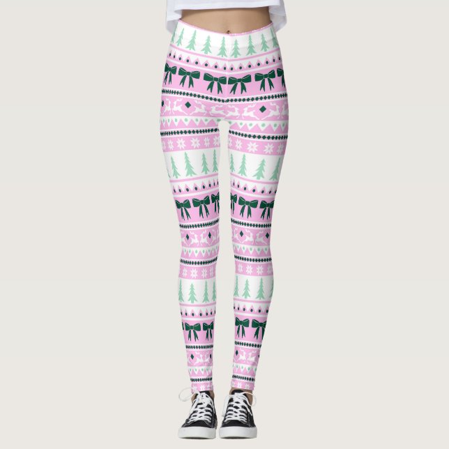Leggings Chandail moche de Noël Motif rose et vert (Devant)