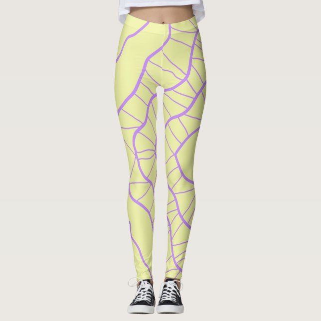 Leggings Chaos Abstrait Jaune avec lignes violettes ondulée (Devant)