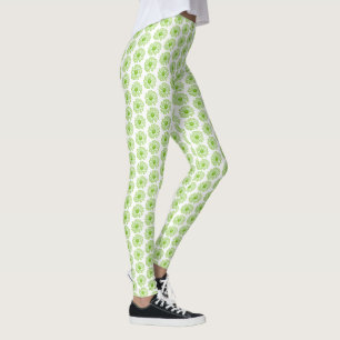 Leggings Chartreuse Green Daisy Print, Hippie Flower Print