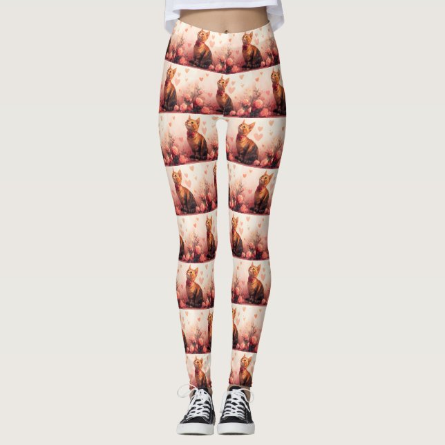 Leggings Chat Abyssin avec des Roses - Saint-Valentin (Devant)