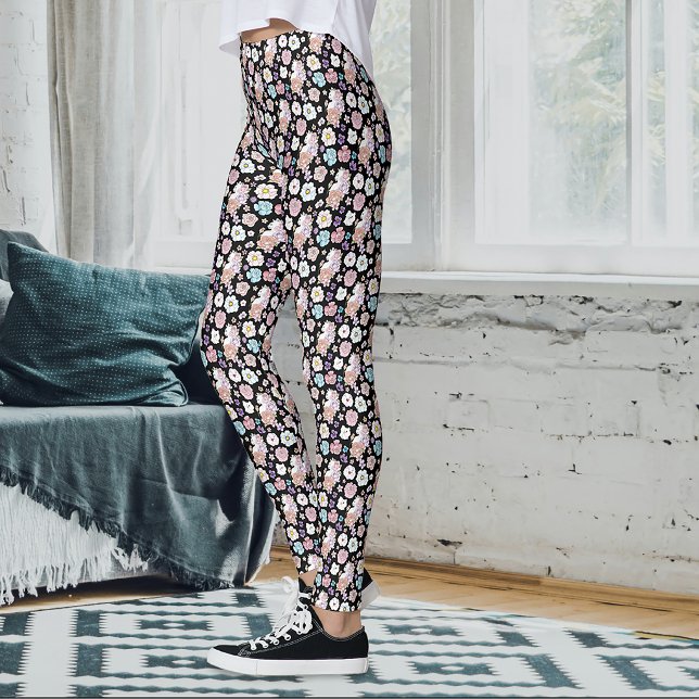 Leggings Chat Blanc Pastel Floral Botanique Romantique Noir (Créateur téléchargé)