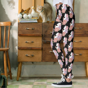 Leggings Chat Blanc Pastel Floral Botanique Romantique Noir