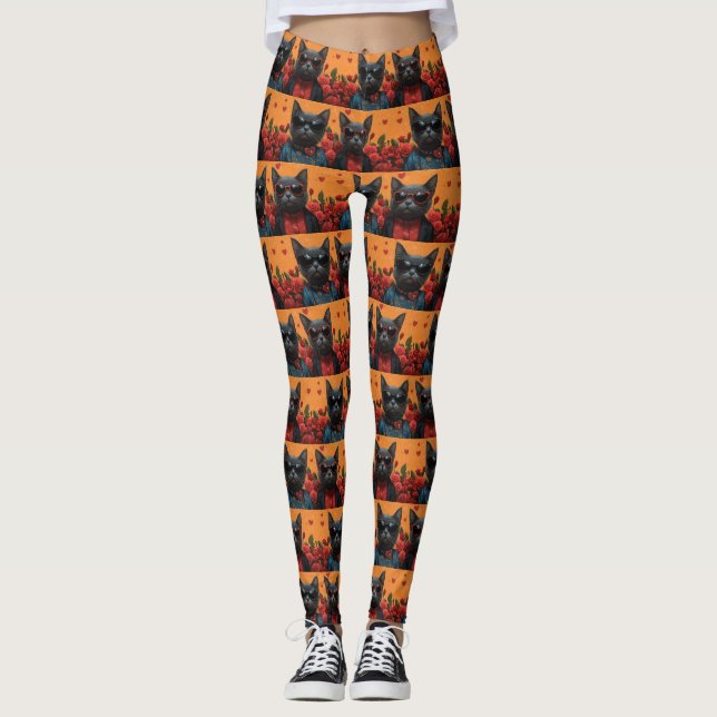 Leggings Chat bleu russe avec coeur Roses Saint-Valentin (Devant)