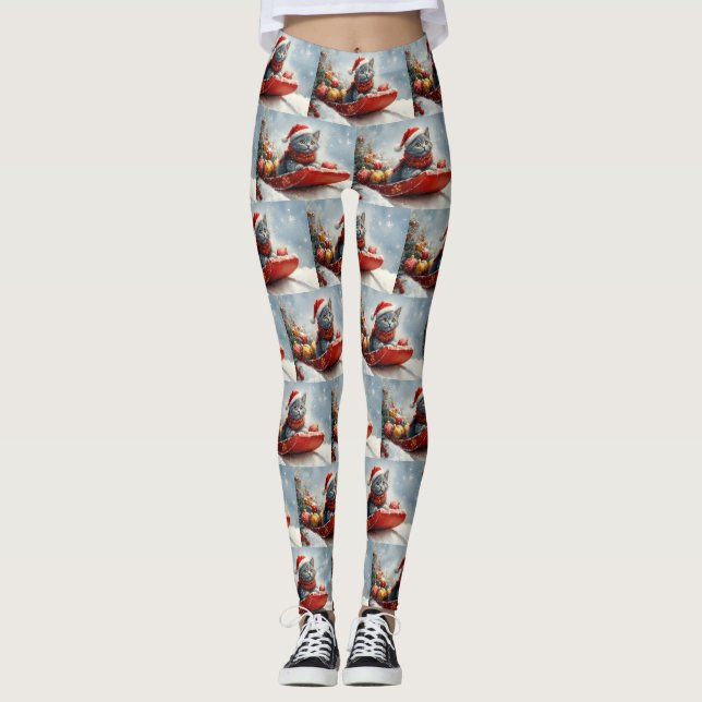 Leggings Chat bleu russe en sangle laissez-le neiger Noël (Devant)