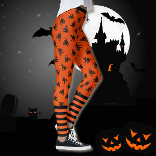 Leggings Chat carré Noir Orange Halloween Meilleure Qualité