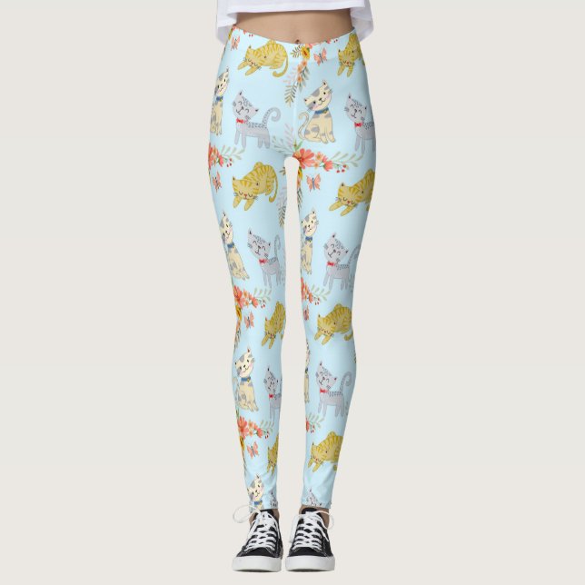 Leggings Chat Cartoon Cute Et Fleurs Motif (Devant)