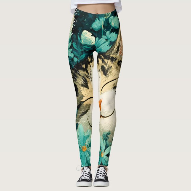 Leggings Chat de jardin endormi à l'aquarelle avec fleurs e (Devant)
