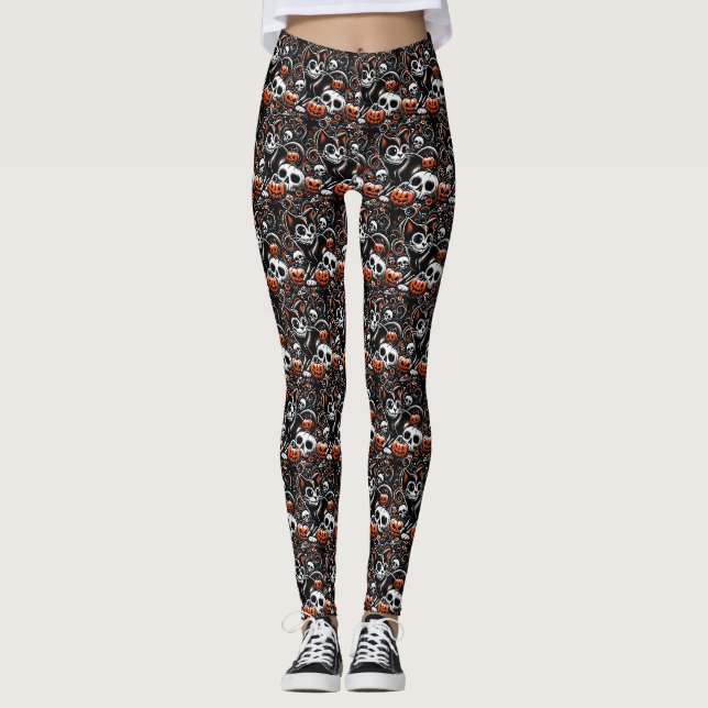 Leggings Chat éffrayant avec des crânes (Devant)