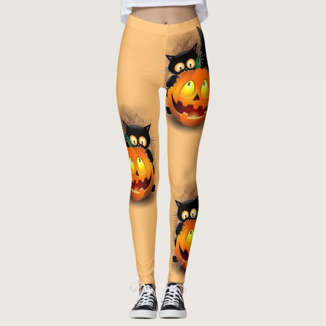 Leggings Chat Fun Halloween Caractère mordant un Citrouille (Devant)