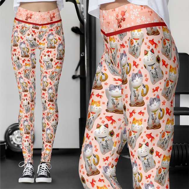 Leggings Chat Maneki Neko japonais rose et Sushi (Créateur téléchargé)