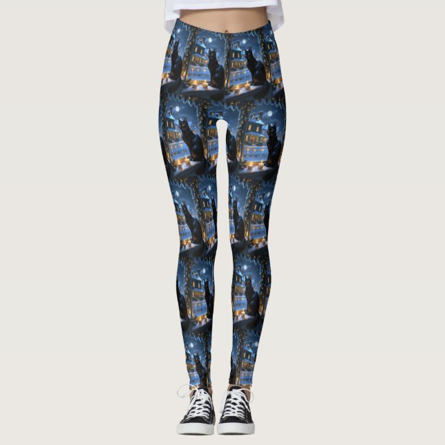 Leggings Chat Noir Avec Lumières de Noël Férié (Devant)