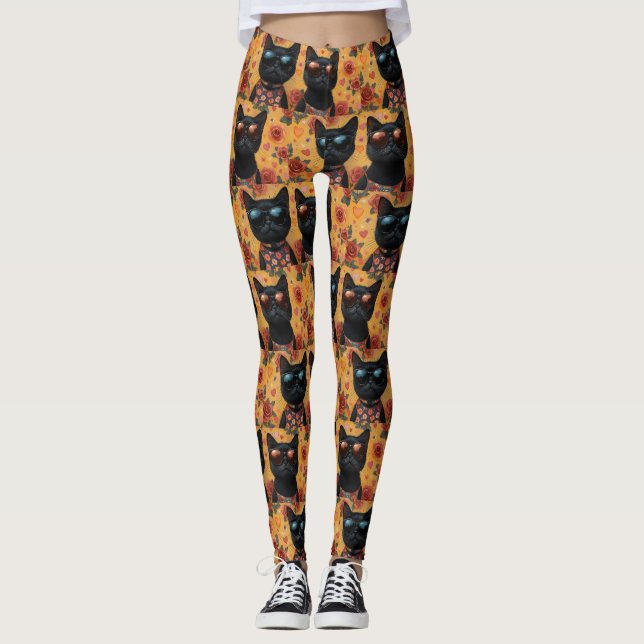 Leggings Chat Noir Avec Roses de la Saint-Valentin  (Devant)