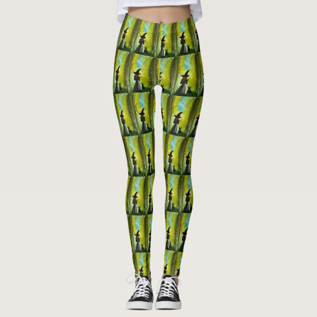 Leggings Chat noir gothique Halloween sorcière Aquarelle Éf (Devant)