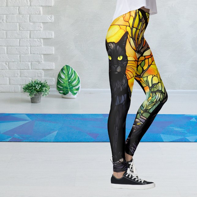 Leggings Chat noir Vitrail Yoga jaune (Black Cat Lover Stained Glass Leggings)