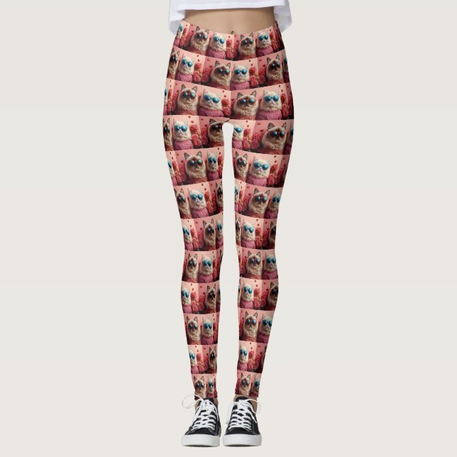 Leggings Chat perse avec coeur Roses Saint-Valentin (Devant)