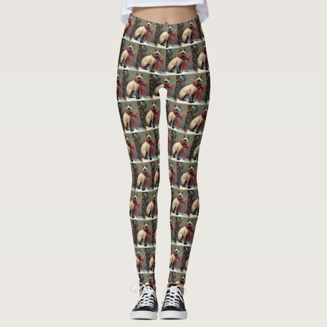 Leggings Chat siamois à Noël sous la neige (Devant)