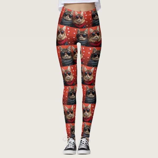 Leggings Chat Sibérien avec Roses du Cœur Saint-Valentin (Devant)