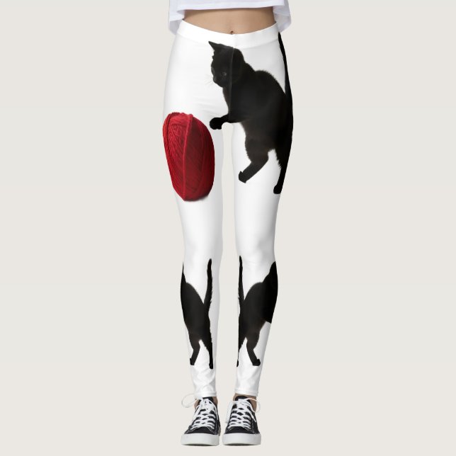 Leggings Chat silhouette noire, avec boule de laine rouge (Devant)