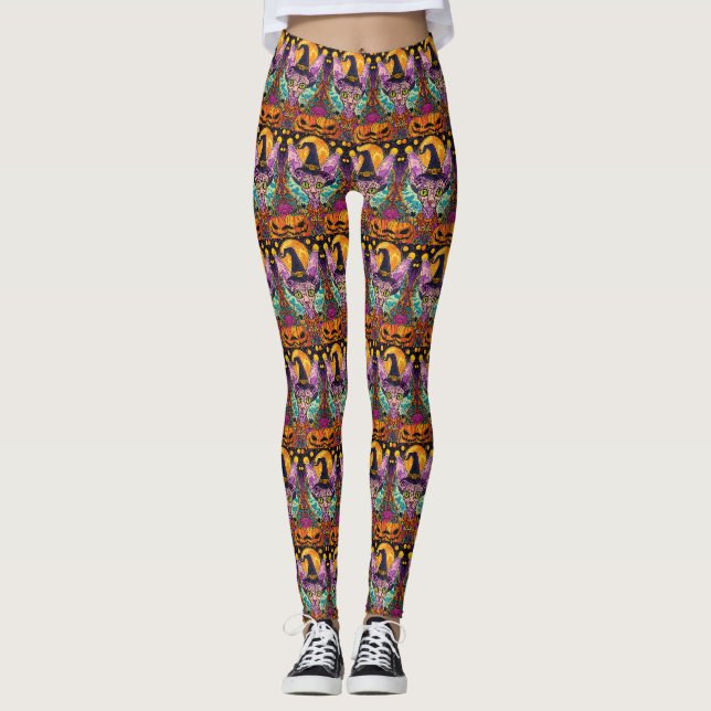 Leggings Chat Sphynx Effrayant Sorcière d'Halloween et Citr (Devant)