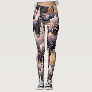 Leggings Château de fantasy paysage de cerfs en hiver rose