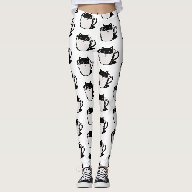 Leggings Chaton noir avec nez rouge caché dans une tasse (Devant)
