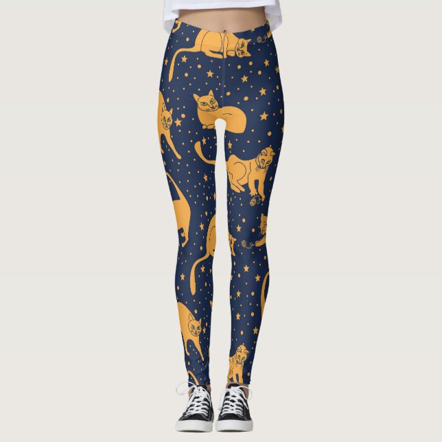 Leggings Chats amusants, étoiles, motif spatial. (Devant)