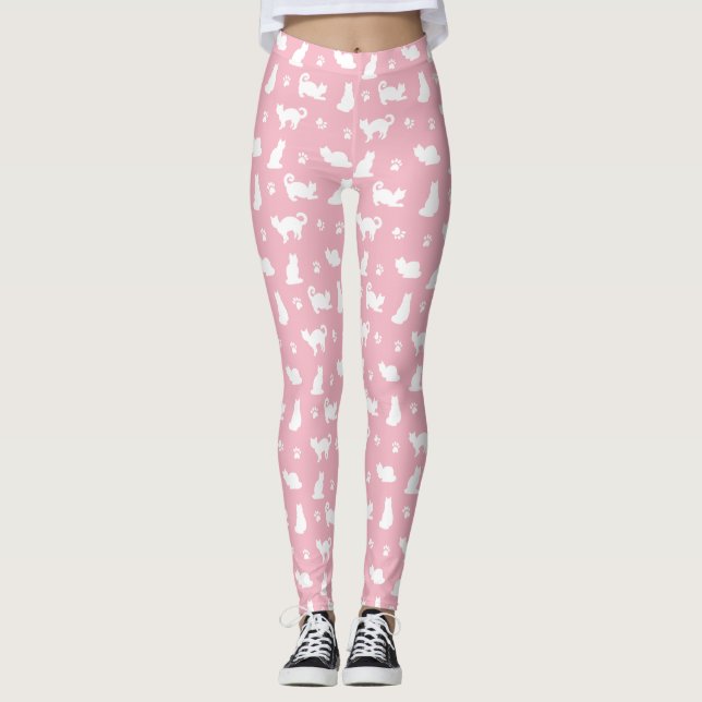 Leggings Chats et Empreintes de pattes blancs en rose (Devant)