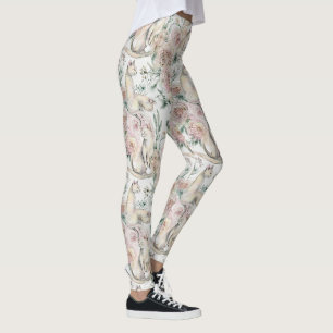 Leggings Chats Floraux Motif Esthétique Élégant