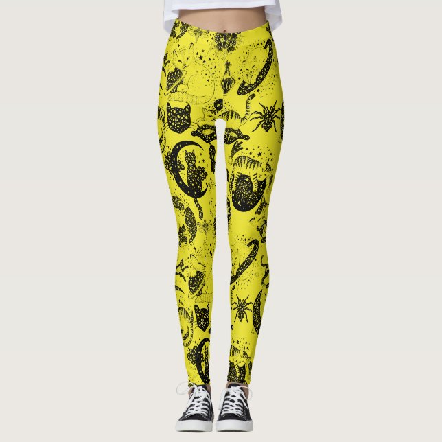 Leggings Chats psychédéliques et etc. PSYCAT01A.Fond jaune (Devant)