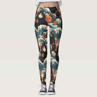 Leggings Chats Ukiyo-e de Kanagawa Motif
