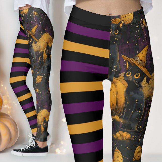 Leggings Chatte Sorcière d'Halloween Citrouille Rayée Viole (Créateur téléchargé)