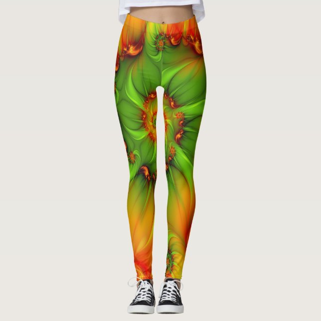 Leggings Chaud Été Vert Orange Abstrait coloré Fractal (Devant)