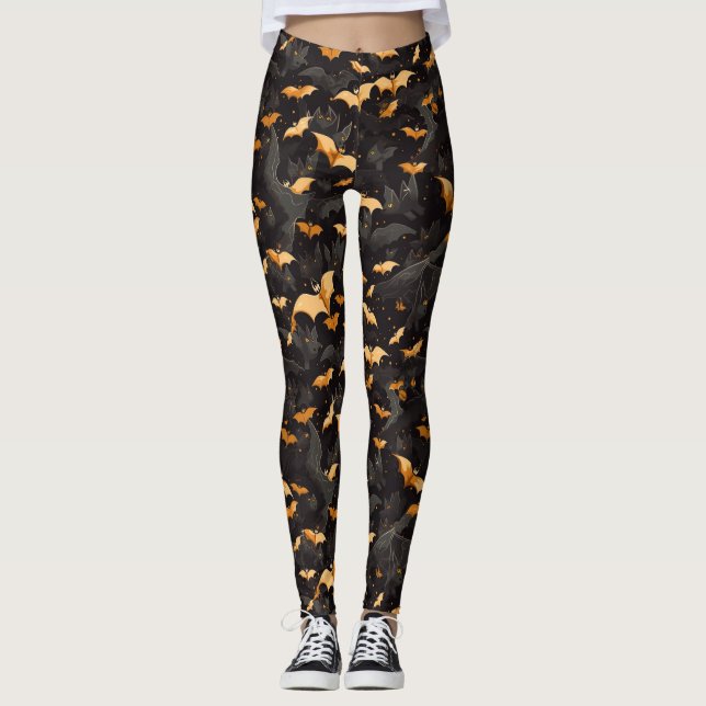 Leggings Chauve-souris éffrayante d'Halloween noir orange b (Devant)
