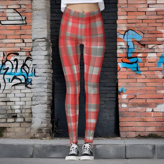 Leggings Chèque gris rouge tartan rouge en aquarelle de Buf (Créateur téléchargé)