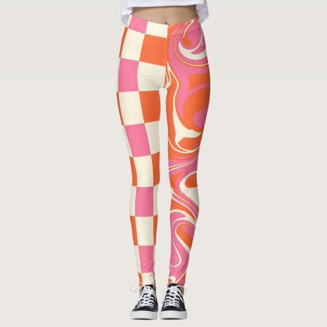 Leggings Chèques et tourbillons - rose, orange et crème (Devant)