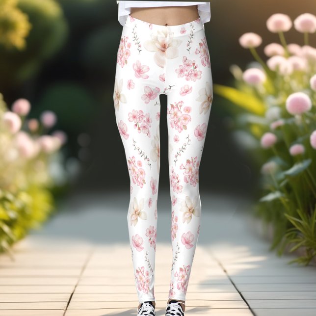 Leggings Cherry Blossom Sacura Motif rose blanc Floral (Cherry Blossom Sacura Pattern White Pink Floral Leggings)