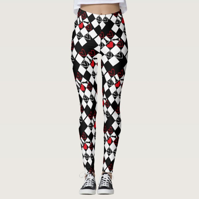 Leggings Chessboard Heart Valentines Day B&W (Devant)