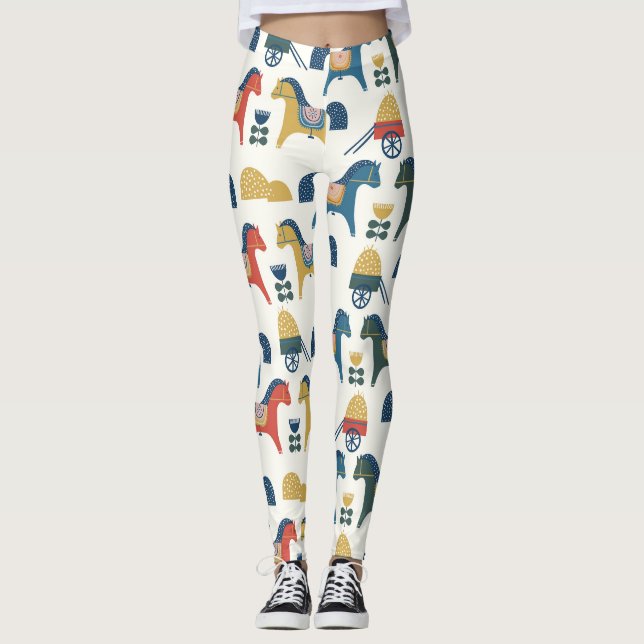 Leggings Chevaux scandinaves : Art populaire coloré (Devant)